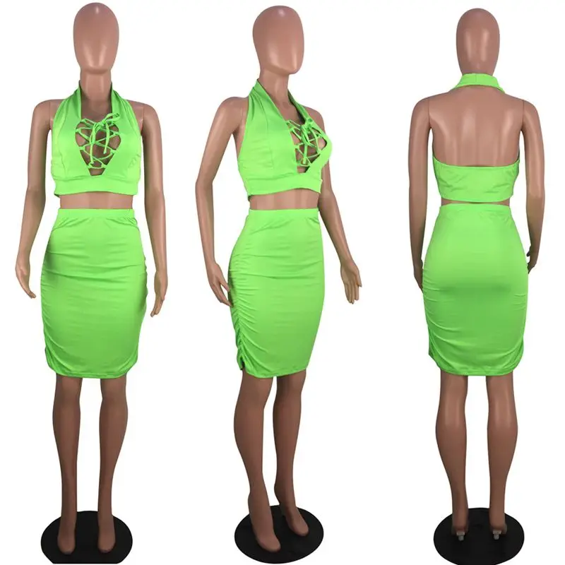 

Spring 2021 V-neck Bow 2 Piece Set Women Festival Clothing Tank Crop Top Mini Skirt Matching Sets Sexy Two Piece Club Outfits