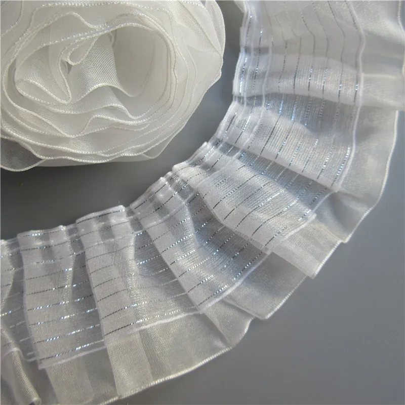 1 ярд 2-х слойный серебро плиссированная шифоновая вуаль кружевной отделкой