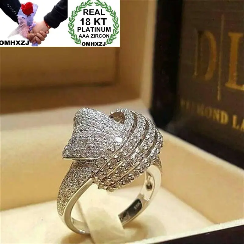 

OMHXZJ Wholesale European Fashion Woman Man Party Wedding Gift Luxury White AAA Zircon 18KT White Gold Ring RR663