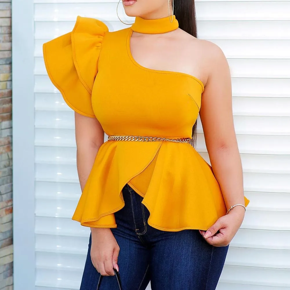Желтая Асимметричная блузка женские рубашки 2020 облегающая женская офисная с