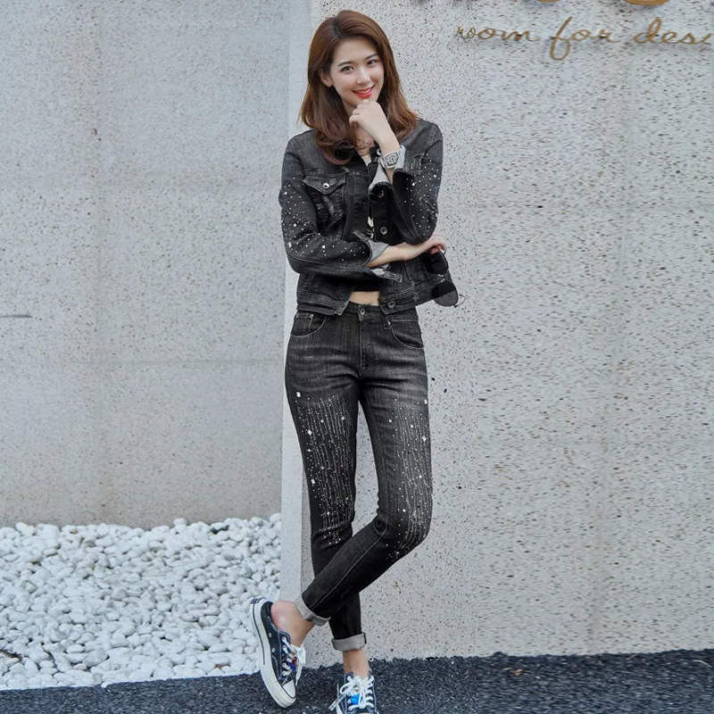Two Piece Set Осенние черные джинсовые штаны для женщин, комплект из двух предметов, высокое качество, модные облегающие повседневные джинсовые пальто, потертые длинные брюки, женский костюм - Цвет: Two Piece Set