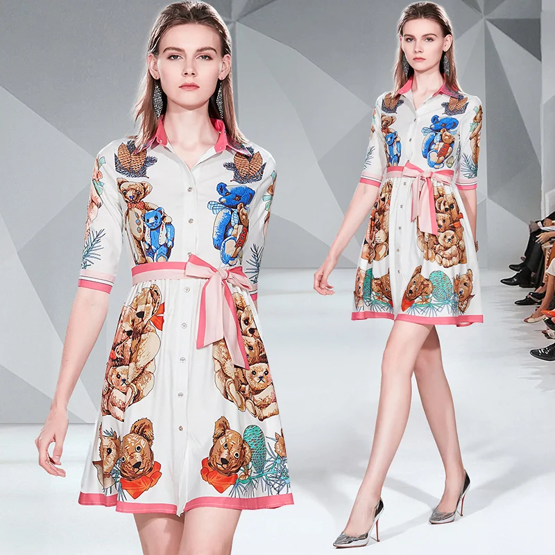 Новое летнее женское Повседневное платье на пуговицах с принтом медведя мини