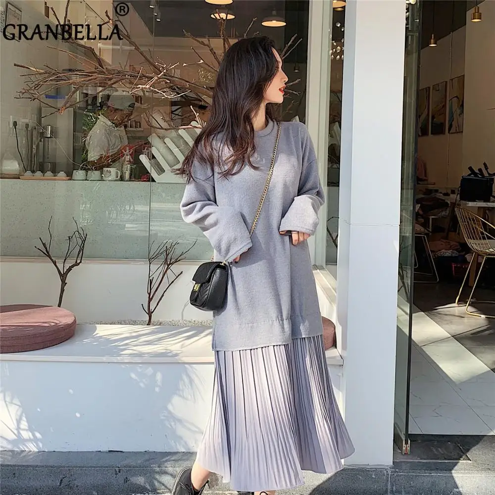 Корейский Свободный вязаный свитер лоскутное плиссированное платье для женщин