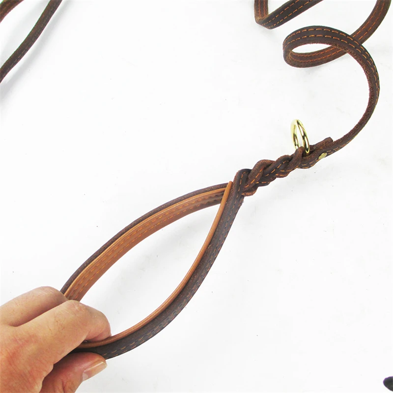 Двойной поводок из натуральной кожи для собак шовный с P образной цепью