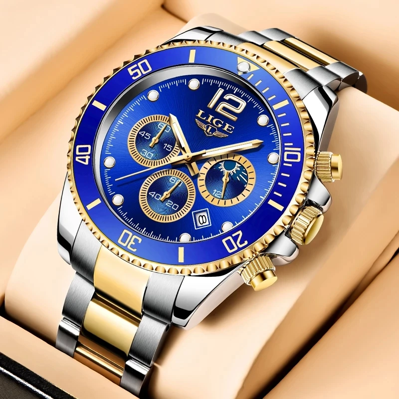 Часы наручные LIGE Мужские кварцевые с хронографом роскошные деловые