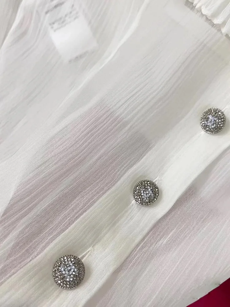 

Early Autumn 2021 Turn Down Collar Cloak Sleeve Pearl Button Women White Chiffon Reverse Shirt girl