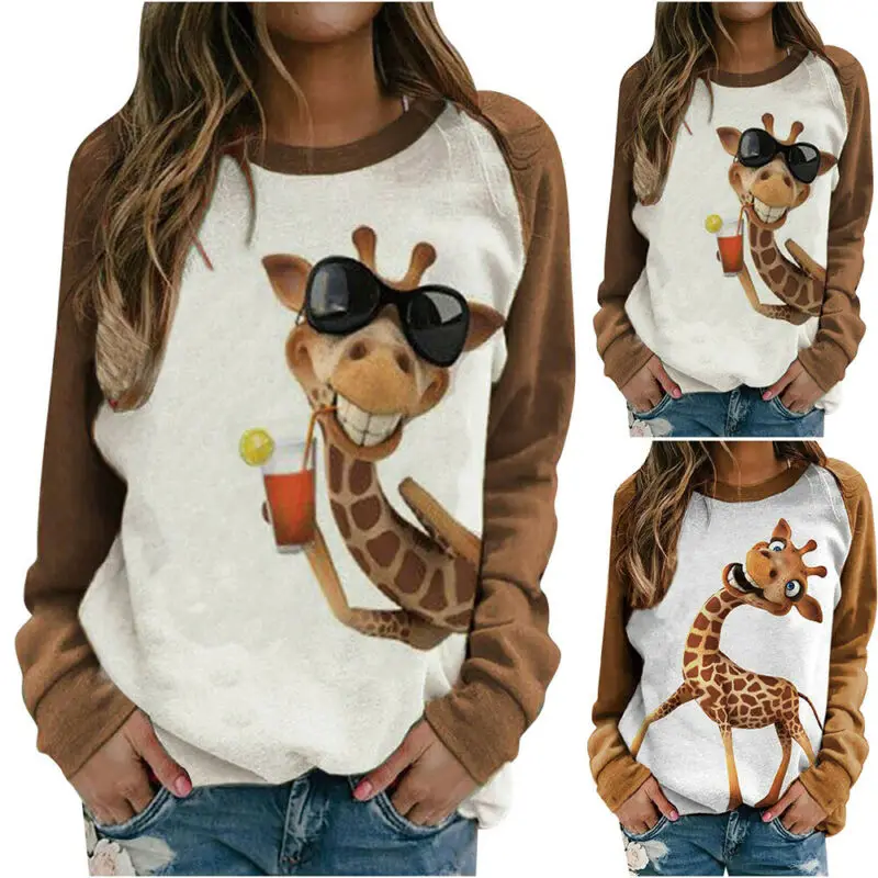 

Women Funny Giraffe Print Blouse Raglan Long Sleeve T-Shirt Top Casual Basic Tee Shirt