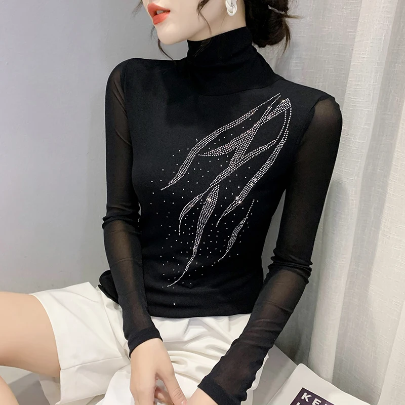 

Fashion turtleneck oversized t shirt Hot drilling mesh women tops long sleeve bottoming tee shirts sexy women's t shirt blusas