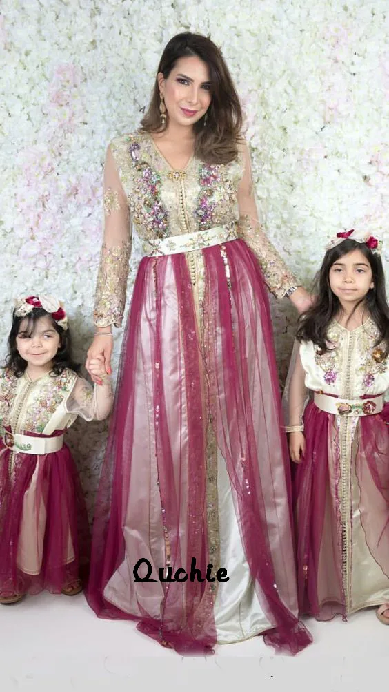 

Burgundy Moroccan Kaftan Mother Bride Dresses Tulle Full Sleeve Appliques Arabic Muslim Special Occasion Formal Party Gown