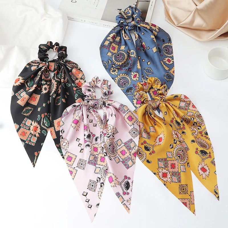 

Fashion Bow Satin Long Ribbon Ponytail Scarf Geometric Pattern Printing Hair Tie Women Girls Elastic Hair Bands Hair Accessories