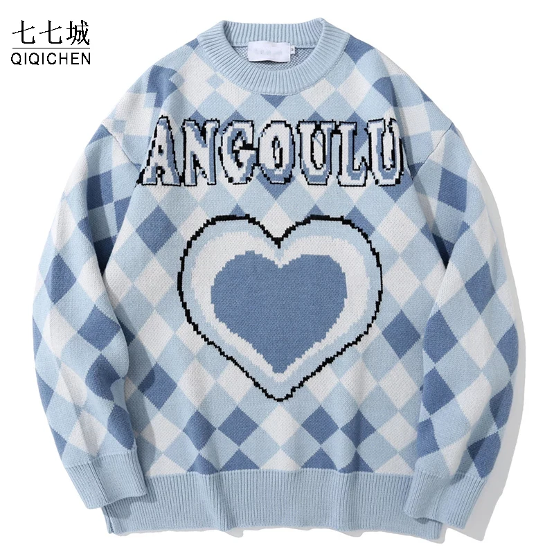 

Мужской трикотажный джемпер в стиле хип-хоп, свитеры в клетку с принтом сердечек, уличная одежда в стиле Харадзюку, Осенние винтажные модные...