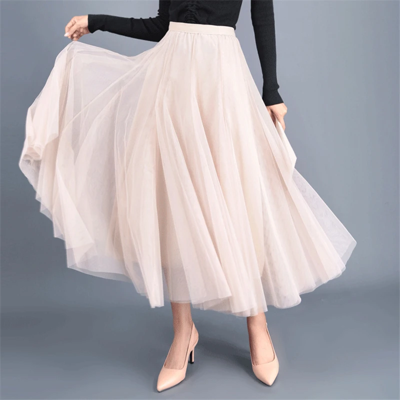 

Vogue Women Skirt Summer Layers Lace Tulle Long Skirt Princess Women Ballet Tutu Dance Skirts Solid Color High Waist Skirts