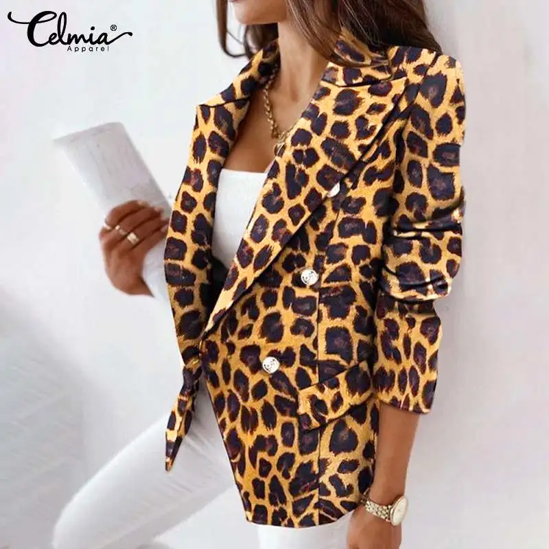 

Celmia женские куртки с леопардовым принтом, осень 2022, элегантный офисный Блейзер, Женский костюм с длинным рукавом, пальто, Повседневная Верхн...