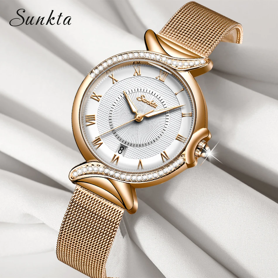 

New SUNKTA Quartz Watch Women Mesh Stainless Steel Watchband Casual Wristwatch Japan Movement Bayan Kol Saati Reloj Mujer 2020