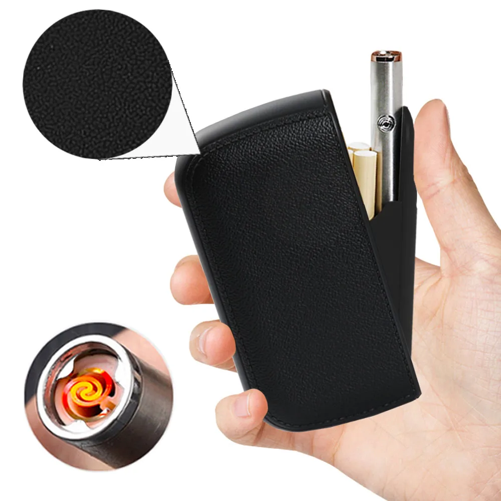 

PU Leather Cigarette Case With USB Plasma Arc Lighter Hold 10pcs Cigarette Box Storage Holder Container Electric Turbo Lighters