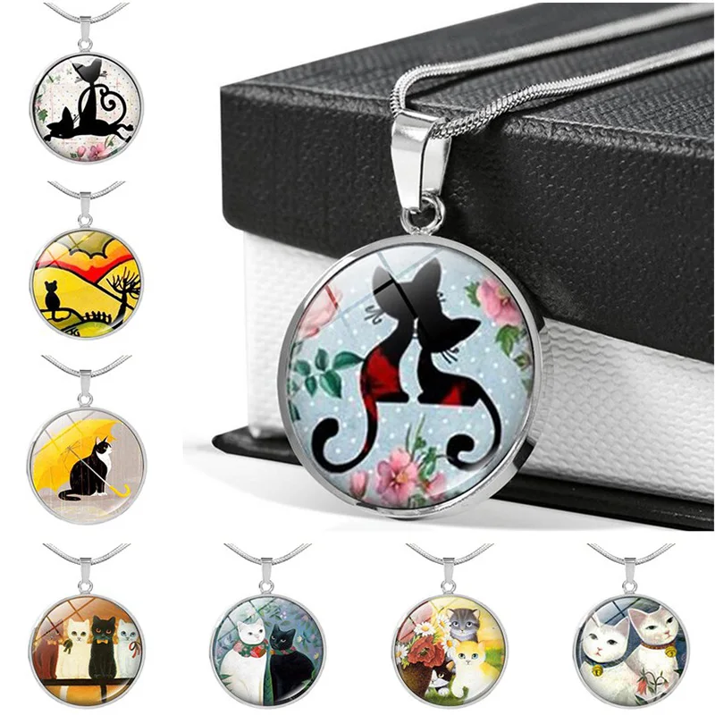 Классическое ожерелье-цепочка из нержавеющей стали с кабошоном в виде кота |