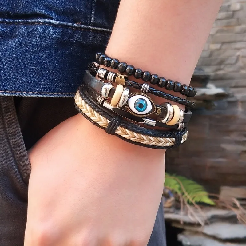 Fashion Bracelete Genuine Leather Multilayer Eye Bracelet Men Vintage Punk Rock Women Alloy Beads Nautical Jewelry | Украшения и