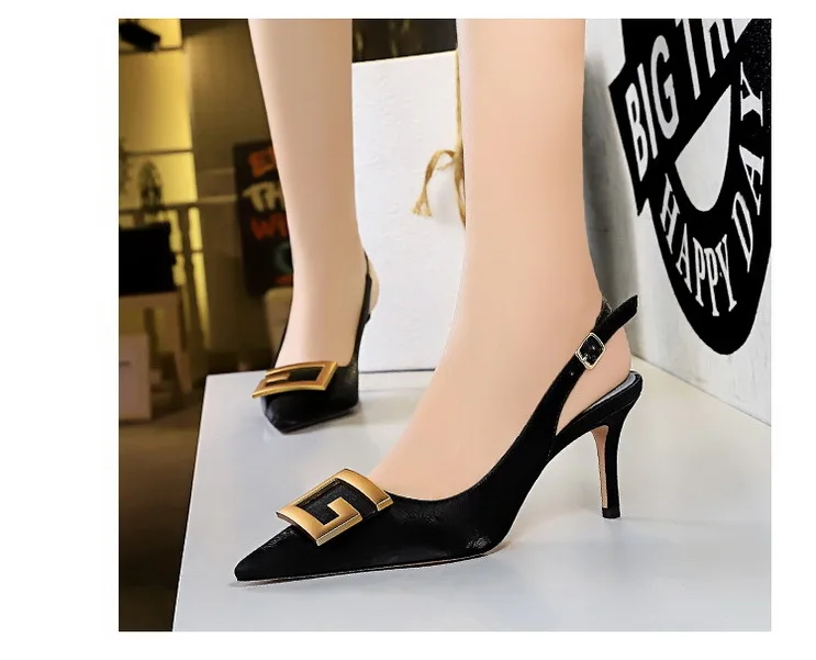 

Women's Shoes Stiletto High Heels Shallow Mouth Pointed Toe Hollowed Back Strap Metal Square Buckle 34-43 Zapatos De Mujer