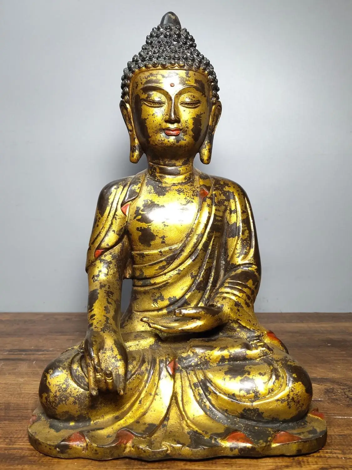

Home Decor 13" Tibet Buddhism Temple Old Bronze Gilt Cinnabars Shakyamuni Buddha Statue Amitabha Enshrine the Buddha