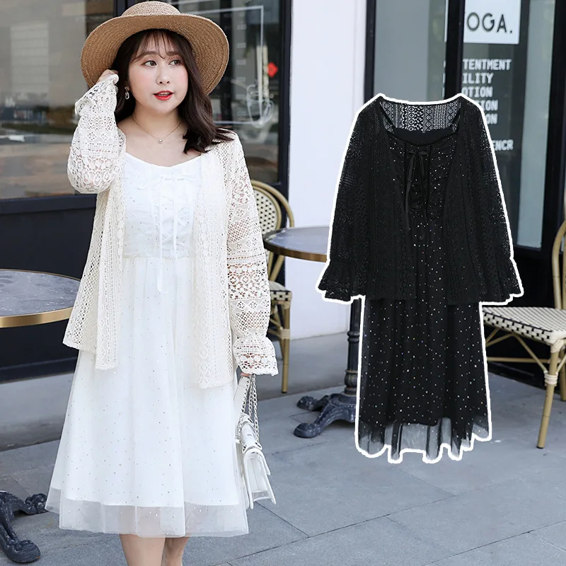 

Женское весеннее однотонное кружевное Сетчатое платье из двух частей размера плюс Повседневное Платье До Колена 100 кг можно носить