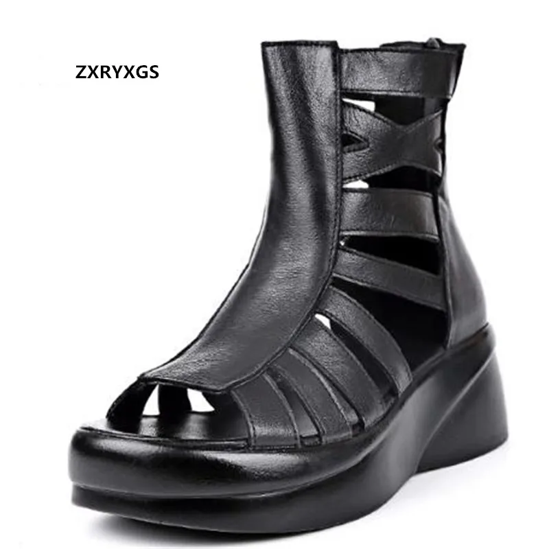 

2021 New Summer Fish Mouth Genuine Leather Sandals Thick Bottom Wedge Boots Sandals Heighten Shoes Woman's Sandals Roman Shoes