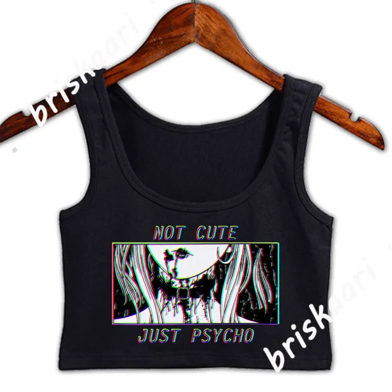 Not Cute Just Psycho Japanese Anime Girl Crop Top Women Building Graphic Leisure O Neck Unique Spring Vest | Женская одежда
