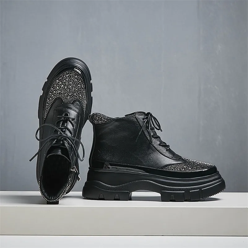 FEDONAS Winter Basic Women Ankle Boots Rhinestone Casual Platform Shoes Woman Genuine Leather High Heeled Party Short Boots