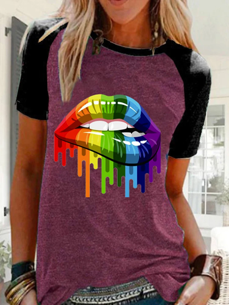 

Women Fashion Multicolor Lips Printed O-Neck Short Sleeve Casual Summer T Shirts Tops for Girl