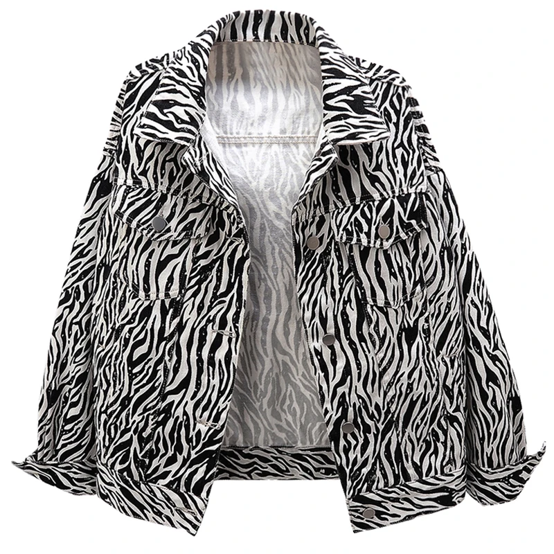 

Women's Spring Autumn Long Sleeve Loose Zebra Striped Print Denim Jacket Female High Waist Plus Size Outwear 2XL TB222