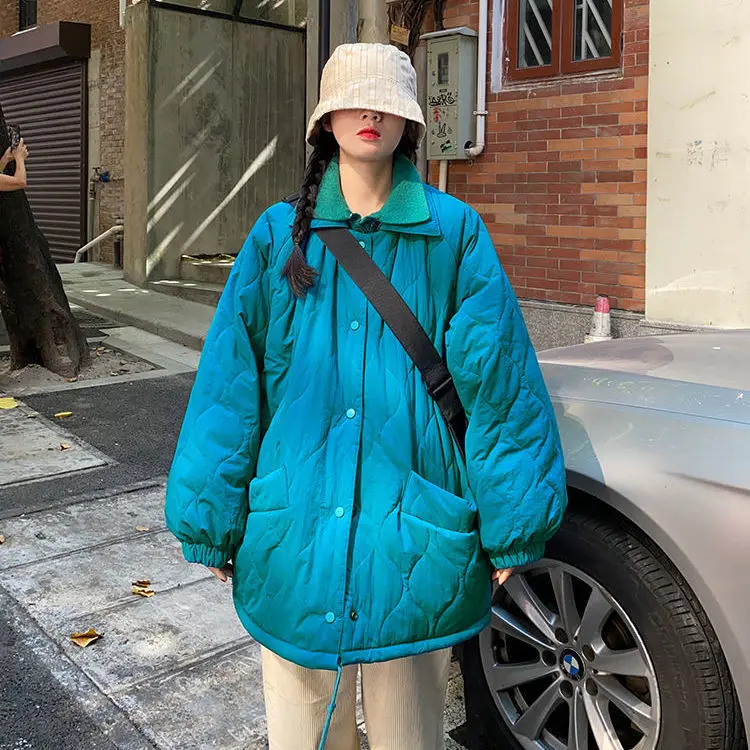 Lingge Cotton Coat Jacket Retro Autumn and Winter New Style Korean Cotton Coat Loose Plus Velvet Thick Thick Cotton Coat