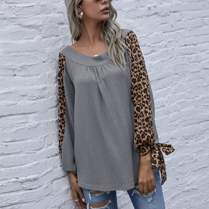 

Модная футболка с леопардовым принтом на шнуровке, с длинным рукавом, пуловер с круглым вырезом и принтом, сексуальный топ, Новое поступлени...