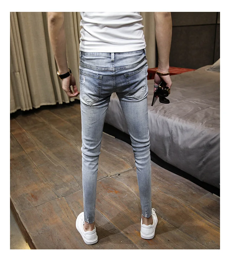NEW spring autumn skinny strech Casual ripped hole fashion black teenagers hip hop cowboy denim leg jeans men pencil pants