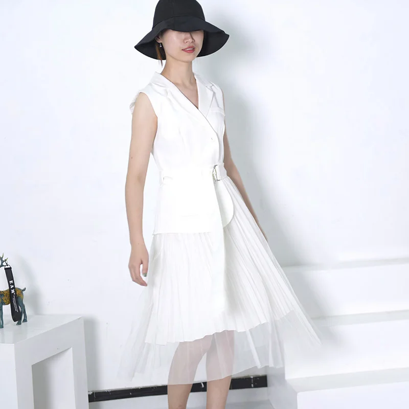 Женское платье без рукавов [DEAT] черно белое Сетчатое с отложным воротником и