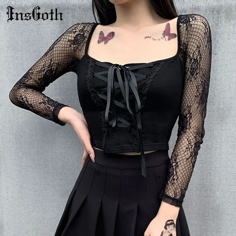 aliexpress - InsGoth Vintage Elegant Black Lace Up Gothic Top Sexy Mesh See Through Long Sleeve Top Women Autumn Hollow Out Bodycon Basic Top