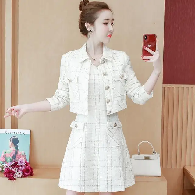 

2021 Woman New Tweed High Quality Skirt Sets Autumn Winter Female 2 Piece Set Plaid Jacket Coat and Mini A-line Skirt Suit Q197