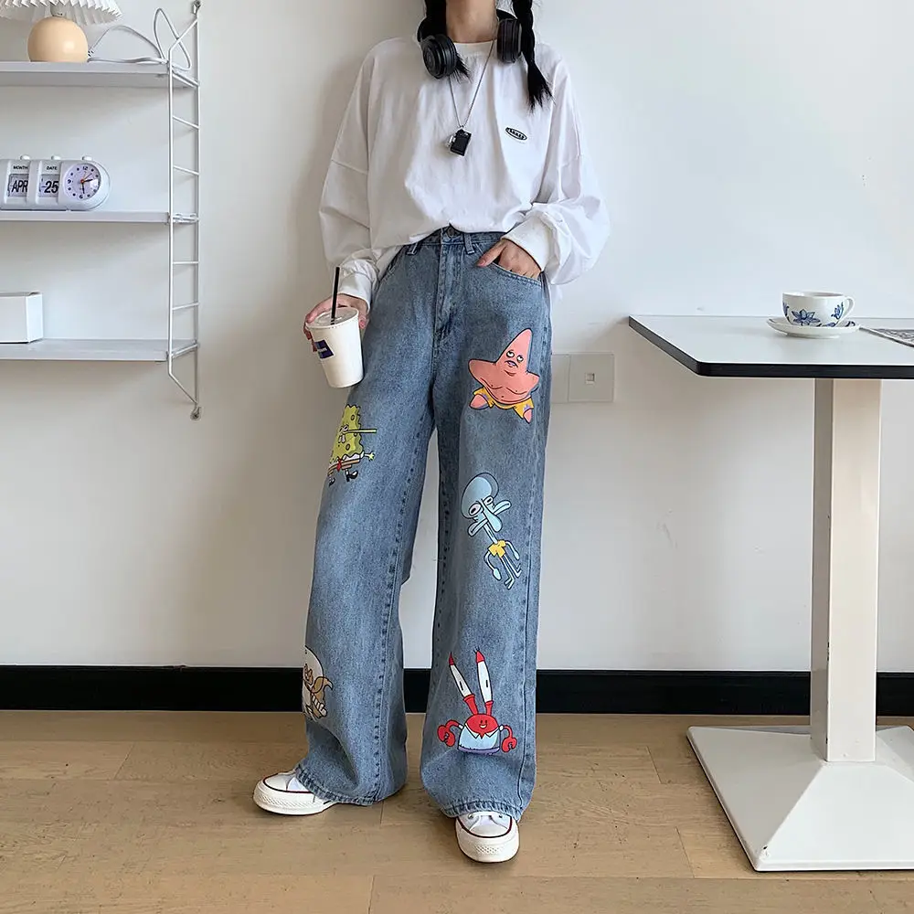 

Pants women's fashion in spring and autumn jeans wide leg pants new straight tube Harajuku versatile cartoon student Han banchao