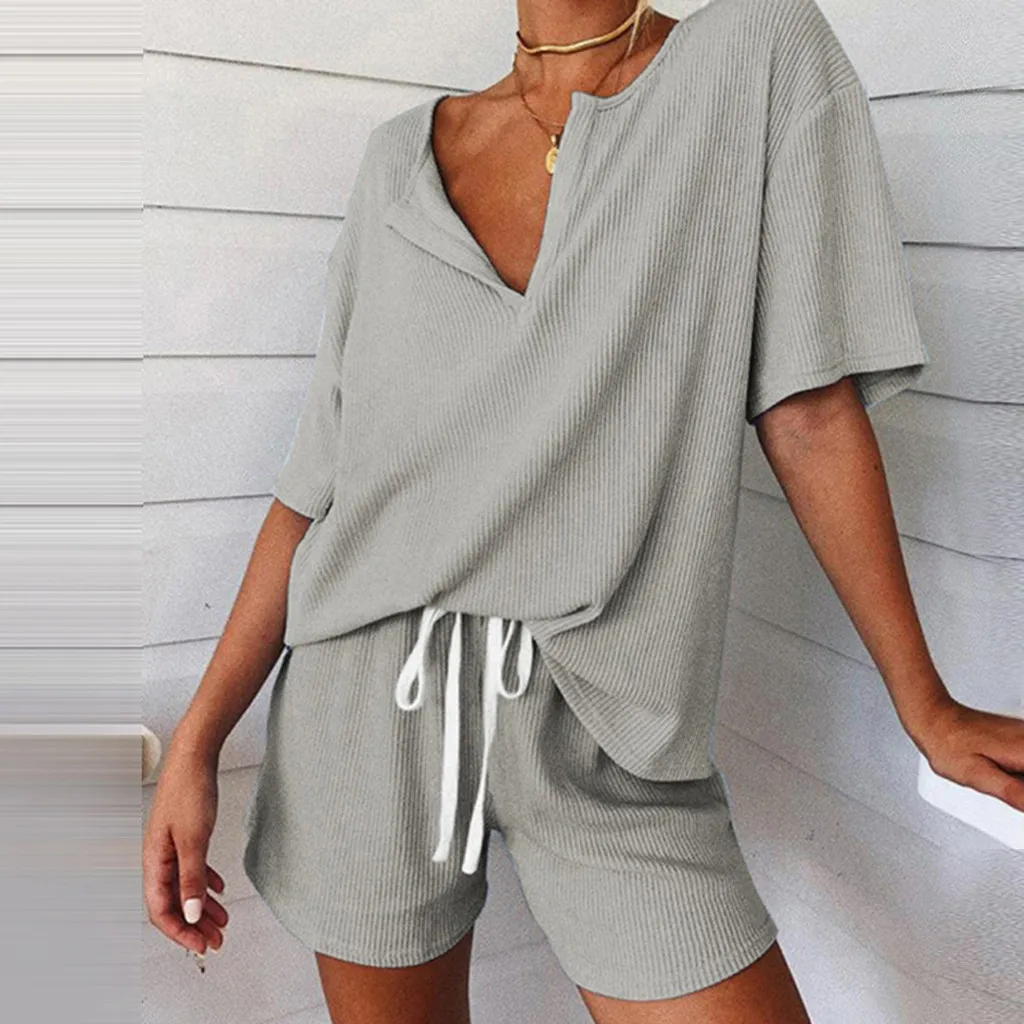 

Women Pijamas Cotton Pajama Pajamas Set Solid Splice Loose Short Sleeve Cropped Tops+Shorts Sleepwear Lady Pajamas damska