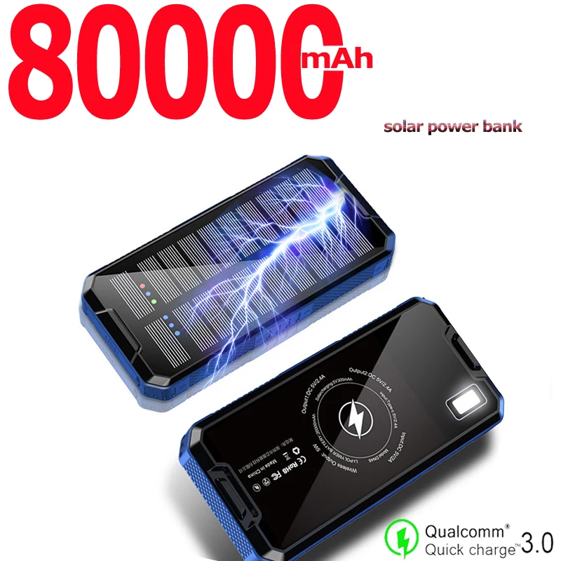 Беспроводное солнечное зарядное устройство 80000 мАч портативное Внешнее Быстрая