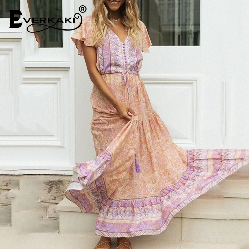 

Everkaki Bohemian Maxi Dress Women Floral Print with Sashes Ladies Boho Summer Vestidos Beach Plus Long Dresses Female 2021 New