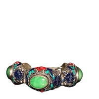chinese old tibetan silver inlaid emerald cloisonne silk bracelet
