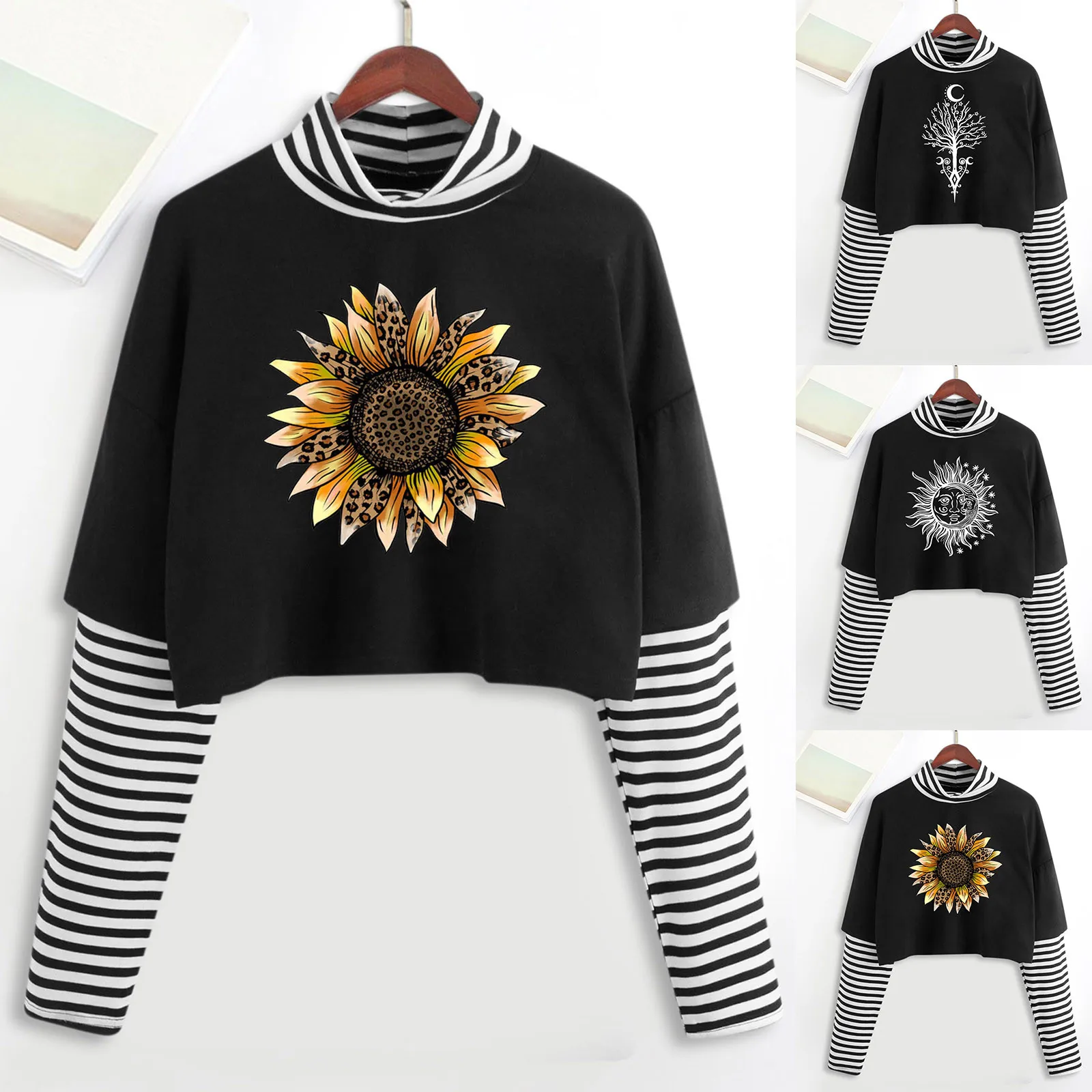 

Casual Womens Patchwork Striped T-shirts Vintage Flower Printed Turtleneck Long Sleeve Crop Top 2022 Female Spring Clothes A40