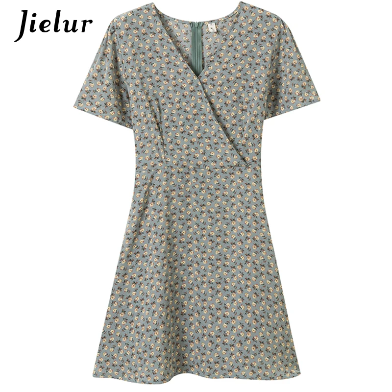 

Jielur Summer Blue Pink A-line Chiffon Skirts Womens 2021 Short-sleeved Floral Dresses for Women V-neck Mini Dress Female S-XXL