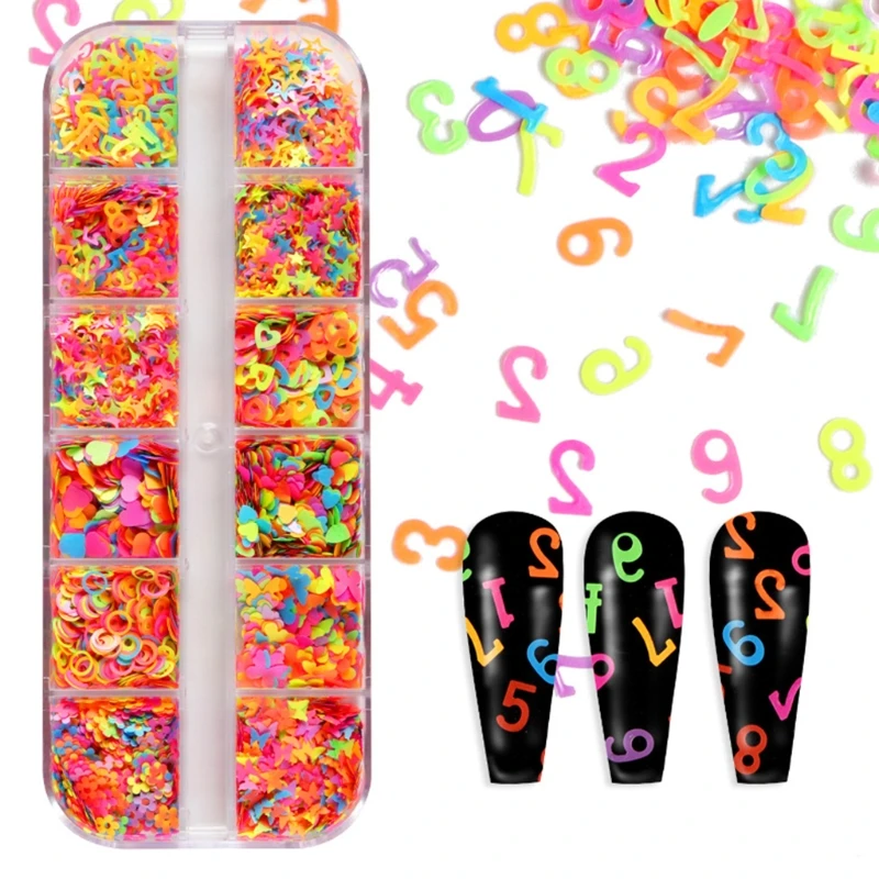 

U90E 12 Grids/Box Fluorescence Glitter Sequins Epoxy Resin Filling Butterfly Stars Love Heart Numbers English Mixed Color