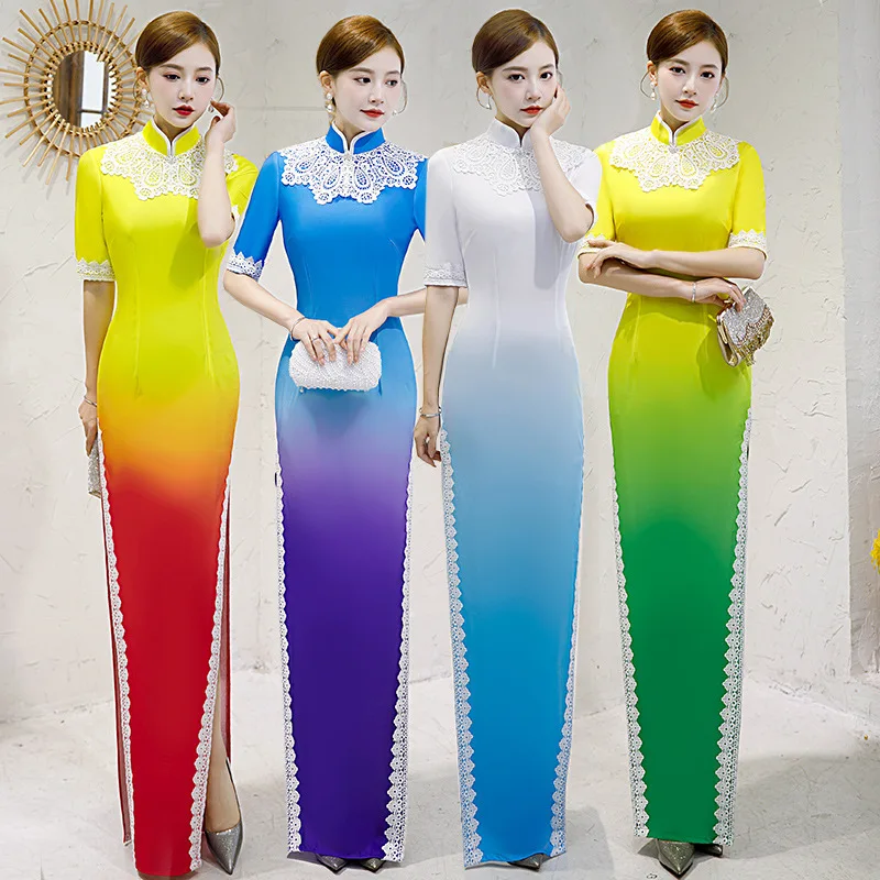 

Plus Size 5XL Elegant New Women Mandarin Collar Slim Qipao Long Fork Sexy Gradient Half Sleeve Chinese Traditional Cheongsam