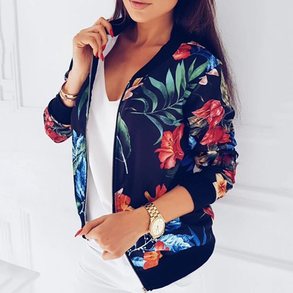 

Women Tops And Bloues Plus Size Flower Leaves Print Sports Women Long Sleeve Baseball Jacket Zip Coat