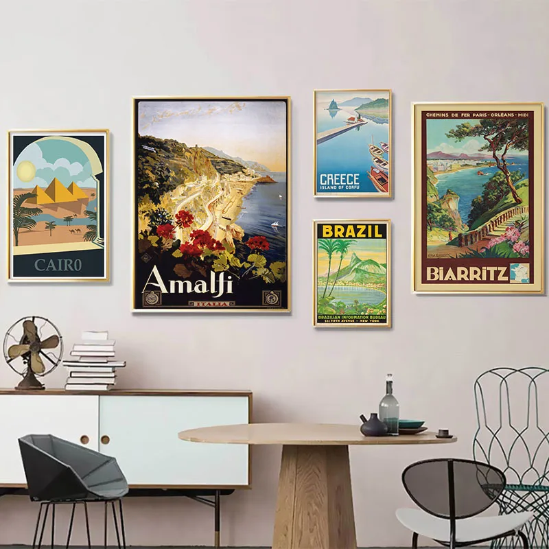 

World City Travel Landscape Canvas Painting Vintage Italy Europe Posters and Prints Amalfi French Coast Wall Art for Home Decor