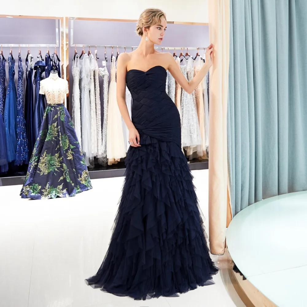 Элегантные темно синие вечерние платья Длинные 2020 Милая шифоновая Тюль Русалка