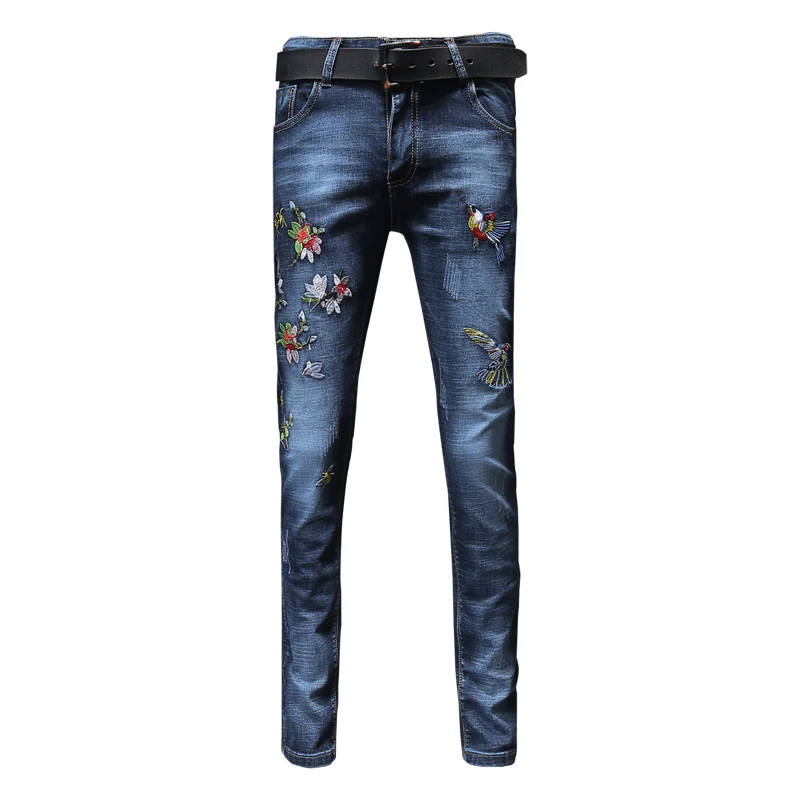 Джинсы-Джоггеры мужские Стрейчевые с вышивкой птиц модные облегающие хлопковые