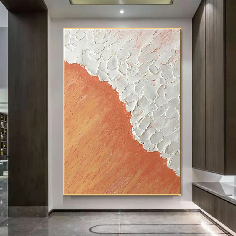 

Hand-Painted Oil Painting Green Abstract Orange Waves Living Room Decoration Modern Minimalist Wabi-Sabi Wall Hang Art Frameless