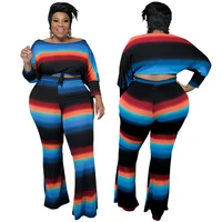 plus size clothing color striped ottoman two piece sets casual o neck tops wide leg pants high stretch outfits 2022 new arrivals